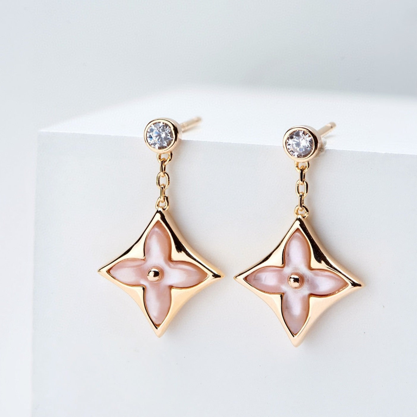 [Kincade Jewelery]DOUBLE STAR PINK GOLD MOP DROP EARRINGS