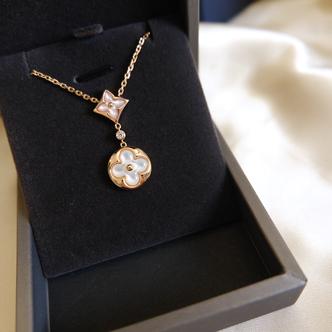 [Kincade Jewelery]STAR AND SUN WHITE MOP 2 MOTIF PINK GOLD NECKLACE