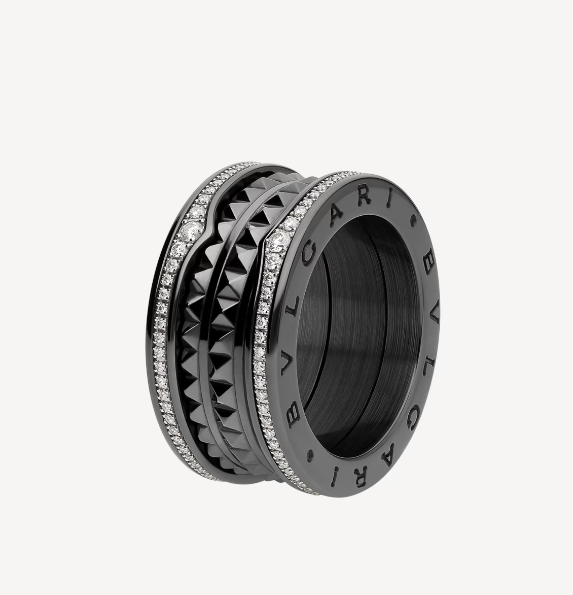 [Kincade Jewelery]ZERO 1 ROCK FOUR-BAND BLACK CERAMIC WITH STUDDED SPIRAL AND PAVED DIAMONDS RING