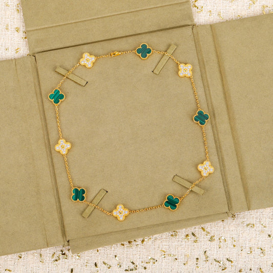 [Kincade Jewelrys]CLOVER 10 MOTIFS MALACHITE DIAMOND NECKLACE