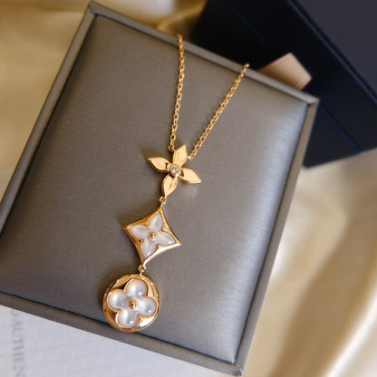 [Kincade Jewelery]COLOR BLOSSOM LARIAT NECKLACE PINK GOLD WHITE MOTHER PEARL AND DIAMOND