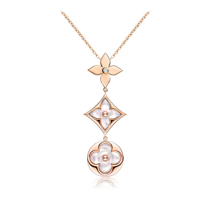 [Kincade Jewelery]COLOR BLOSSOM LARIAT NECKLACE PINK GOLD WHITE MOTHER PEARL AND DIAMOND