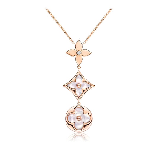 [Kincade Jewelery]COLOR BLOSSOM LARIAT NECKLACE PINK GOLD WHITE MOTHER PEARL AND DIAMOND